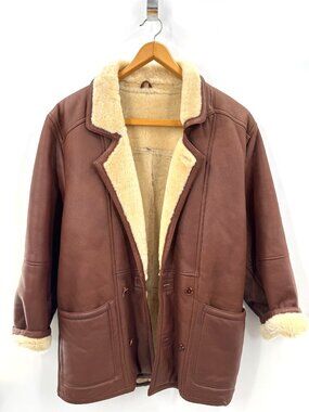 Vintage 80s Brown Cognac Leather Beige Shearling Sheepskin Jacket Coat Sz L